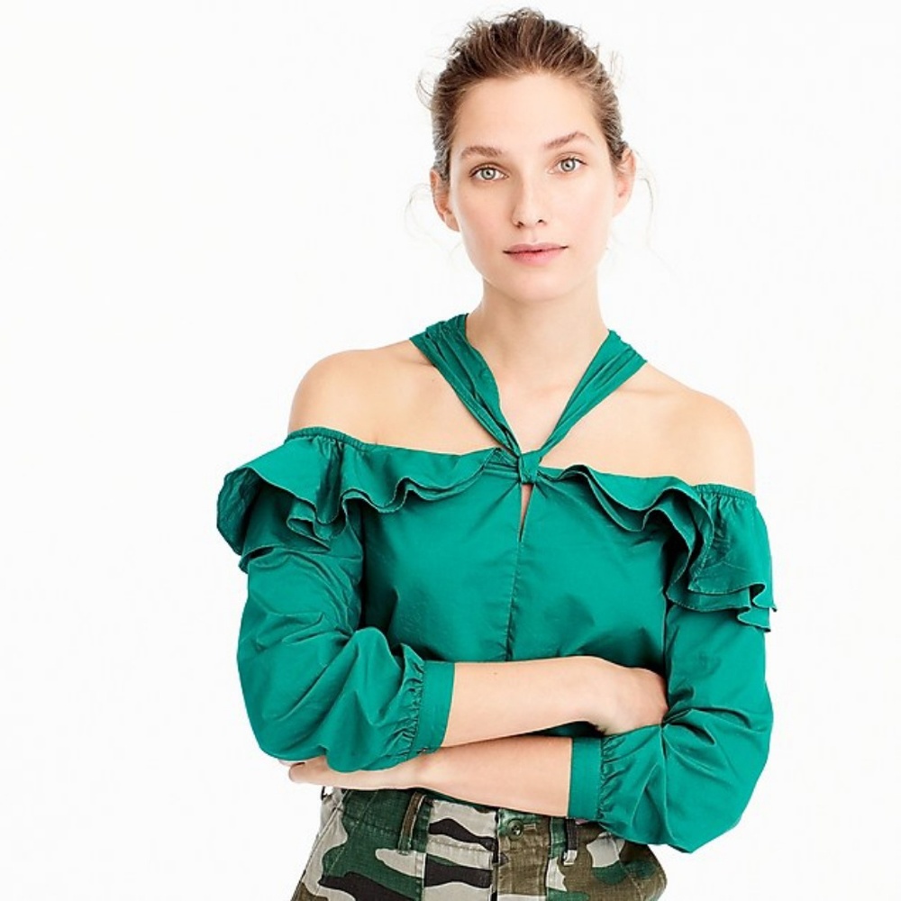 J Crew off the shoulder tie neck top.